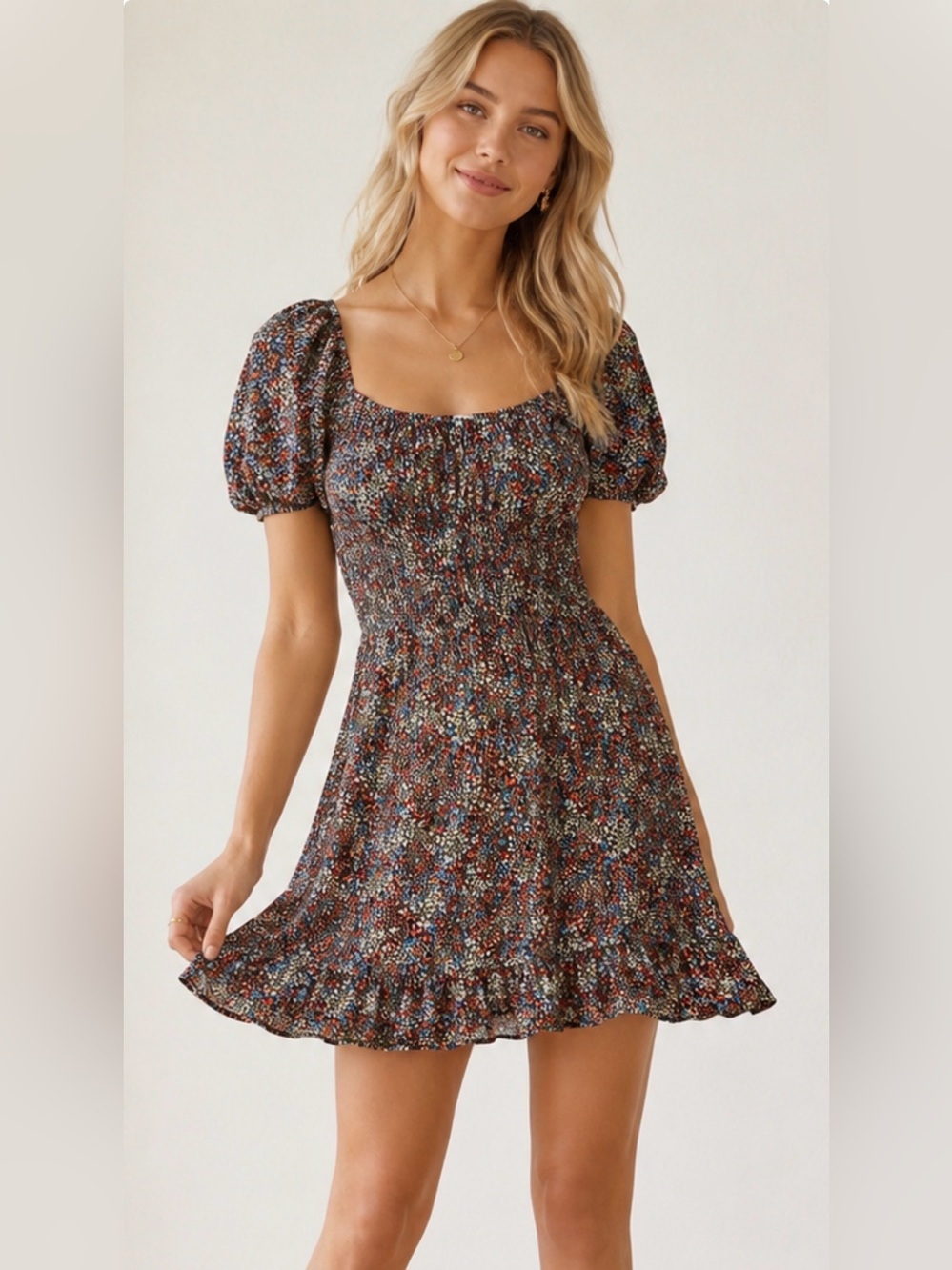 Hashttag In Trend Floral Puff Sleeve Smocked Mini Dress Size M Boho Cottagecore